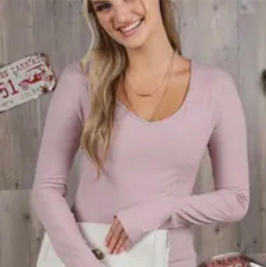 V-NECK LONG SLEEVE RIB TOP WITH Thump Opening ~ Mauve